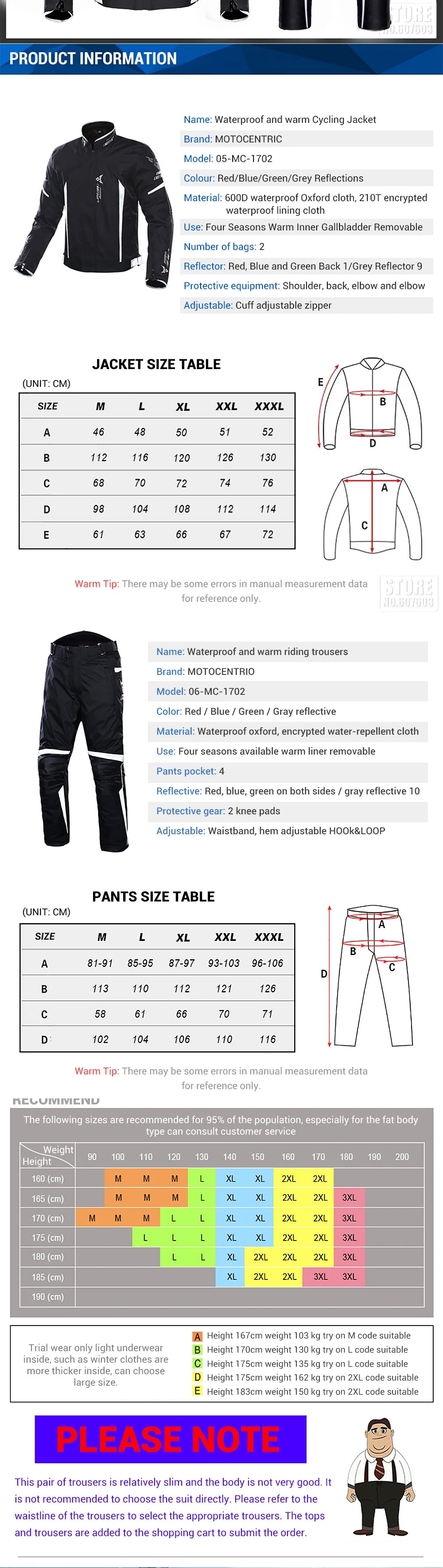 Waterproof Motorcycle Jacket & Pants Suit with Armor