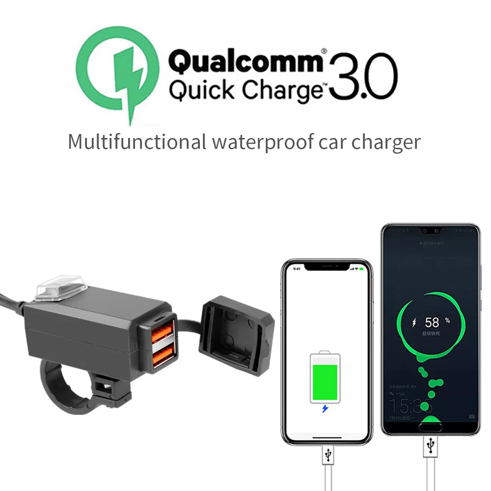 Waterproof Motorcycle USB Charger QC3.0 Handlebar Adapter