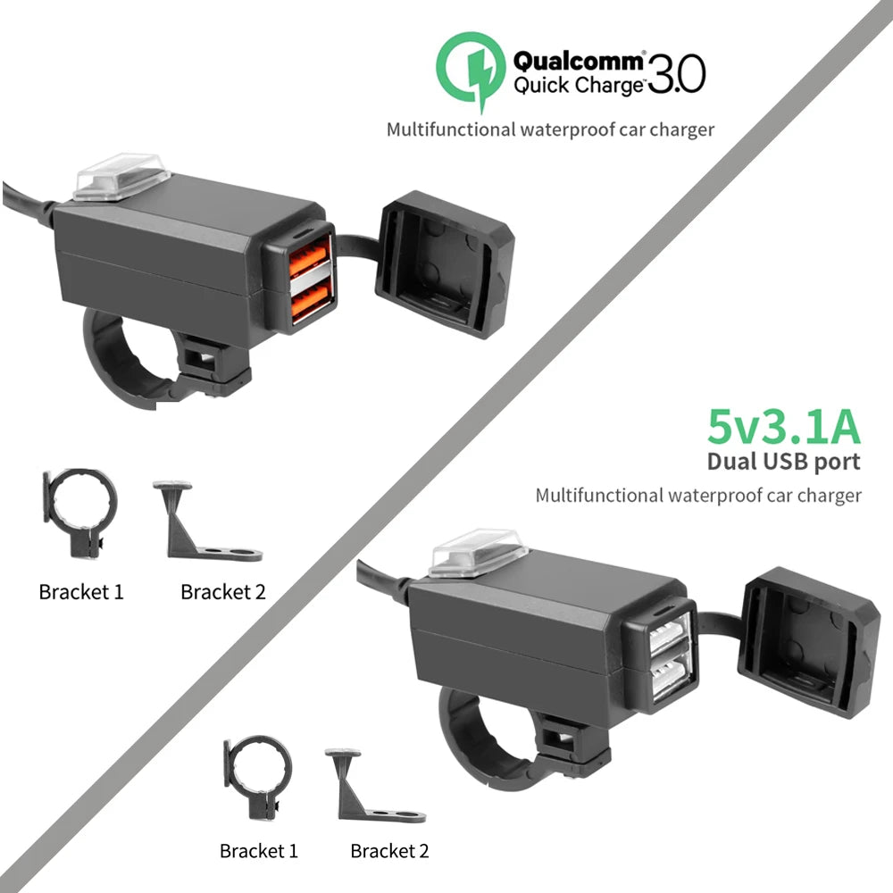 Waterproof Motorcycle USB Charger QC3.0 Handlebar Adapter