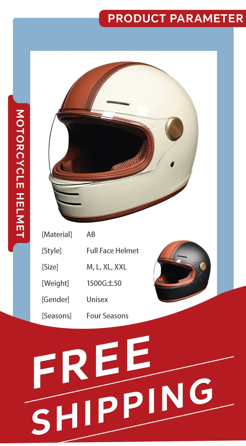 Retro Leather Full Face Motorcycle Helmet with Clear Lens
