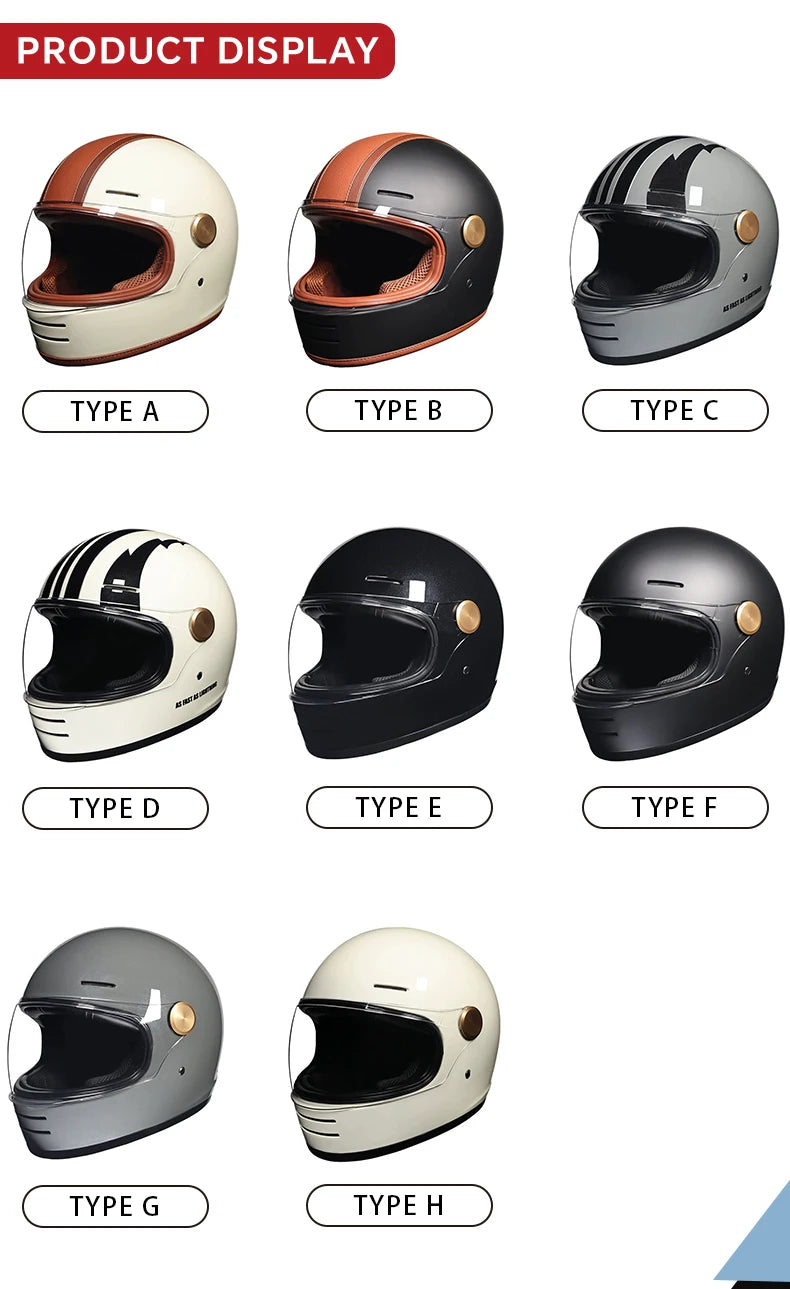 Retro Leather Full Face Motorcycle Helmet with Clear Lens