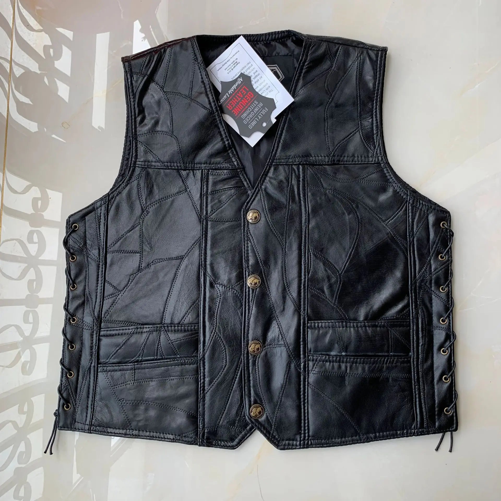 Motorbike Embroidered Motorcycle Leather Vest Men's Biker Waistcoat