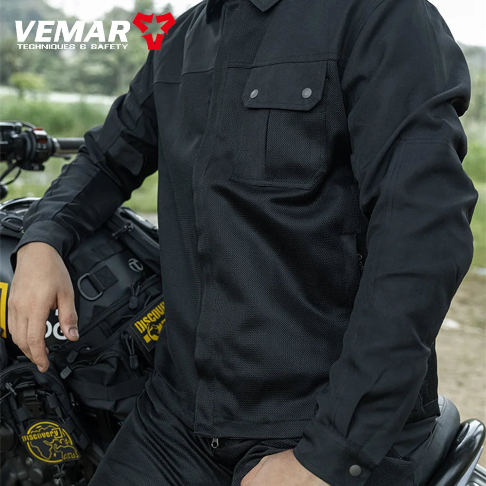 VEMAR Men Motorcycle Jacket - Retro Black Summer Mesh Jacket with CE Armor