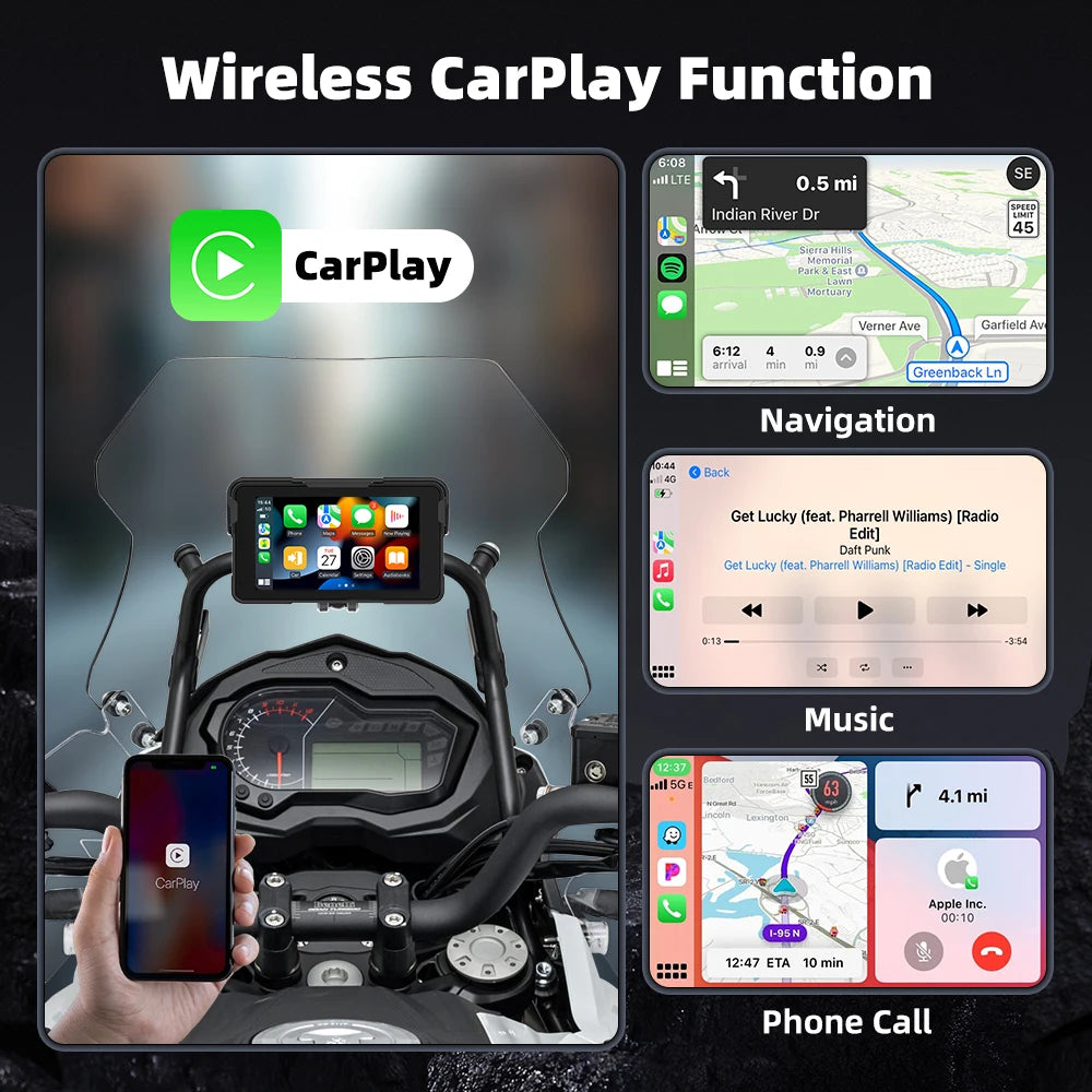 Wireless motorcycle display screen showing Wireless CarPlay function with navigation, music, and phone call features.