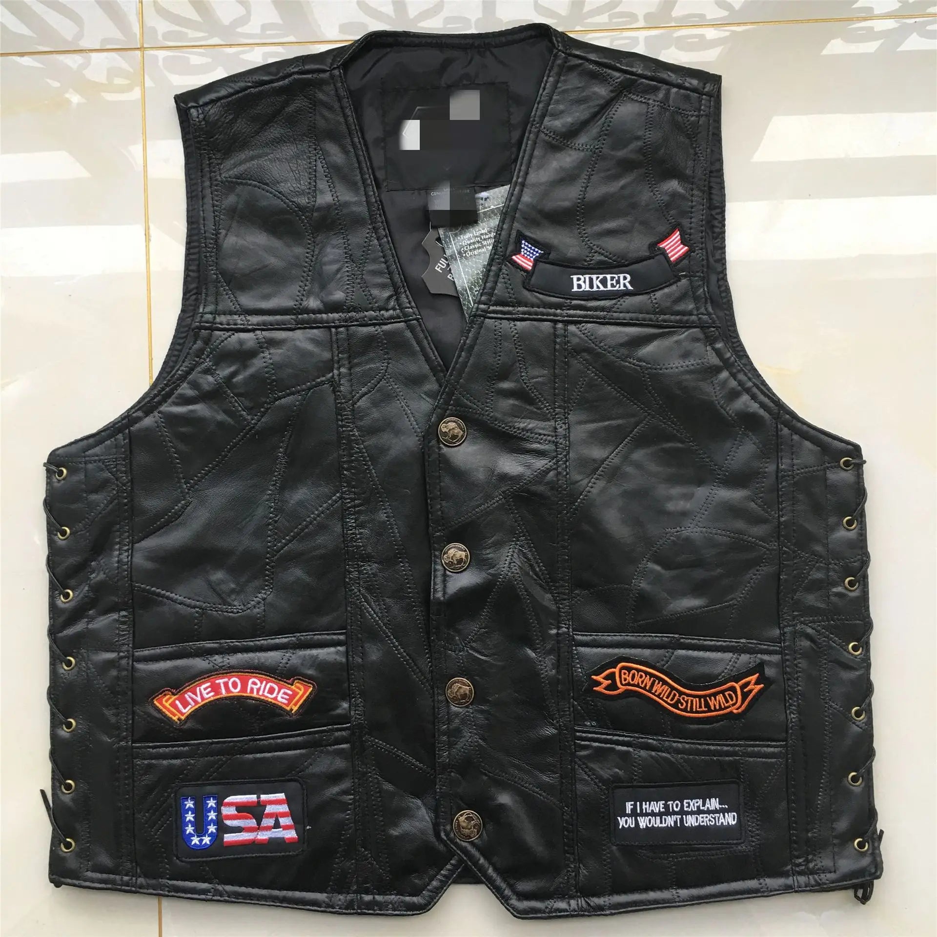 Motorbike Embroidered Motorcycle Leather Vest Men's Biker Waistcoat