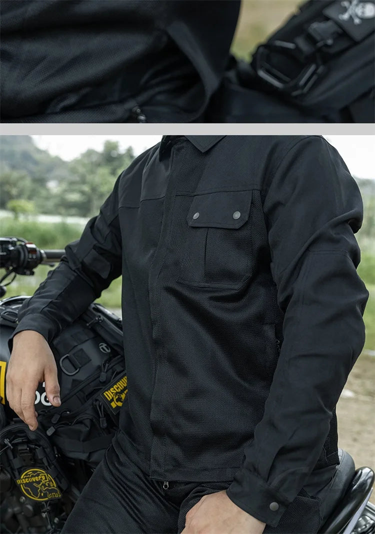 VEMAR Men Motorcycle Jacket - Retro Black Summer Mesh Jacket with CE Armor