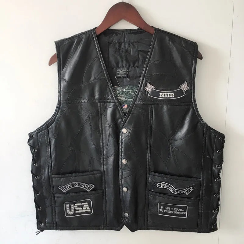 Motorbike Embroidered Motorcycle Leather Vest Men's Biker Waistcoat