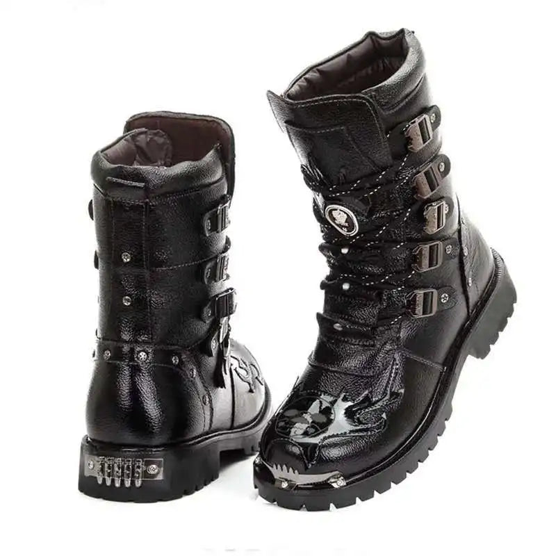 Men's Fashion Motorcycle Boots with Steel Toe - Black PU Leather