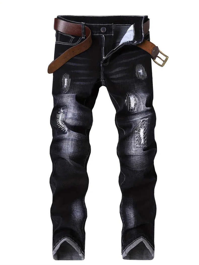 Trendy Men's Motorcycle Jeans Straight Leg Denim Pants