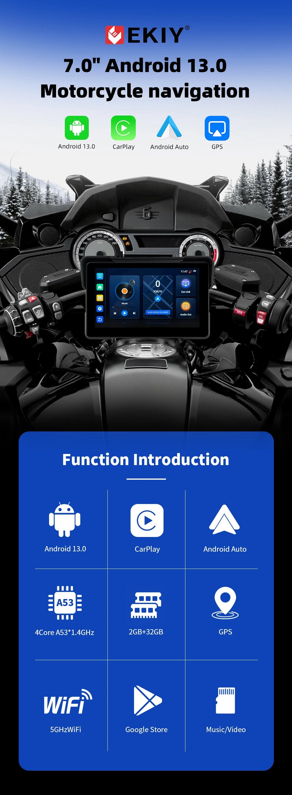 EKIY 7.0" Wireless Motorcycle GPS Display