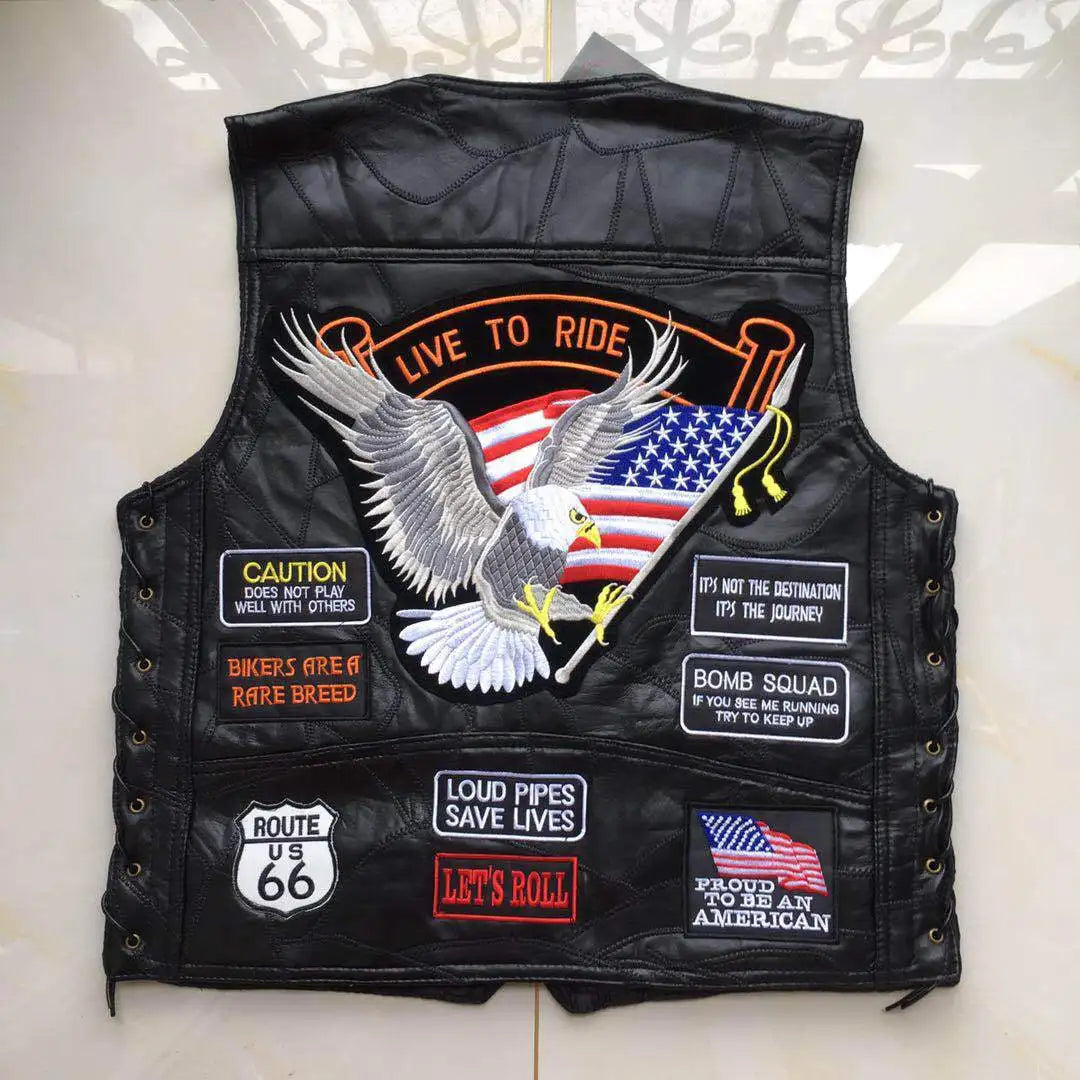 Motorbike Embroidered Motorcycle Leather Vest Men's Biker Waistcoat