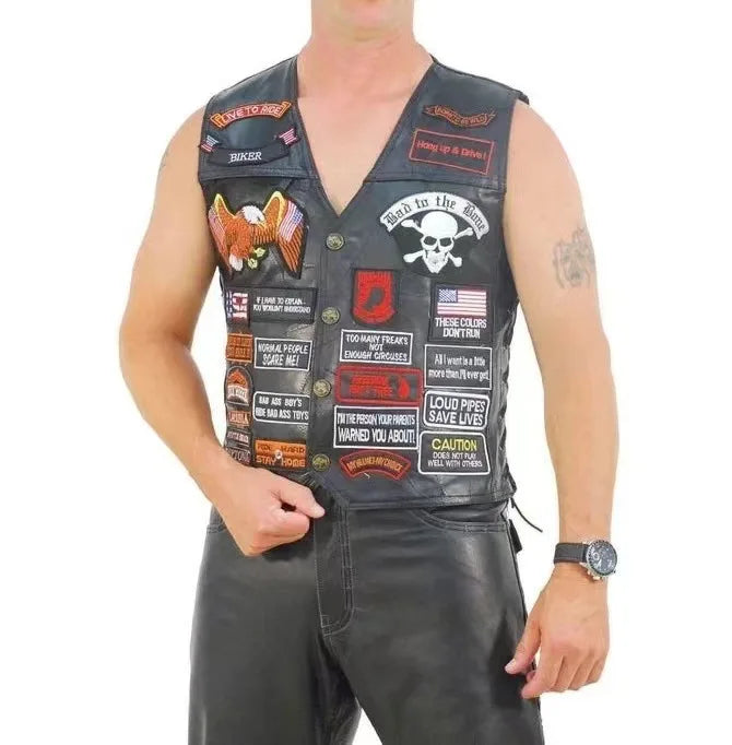 Motorbike Embroidered Motorcycle Leather Vest Men's Biker Waistcoat