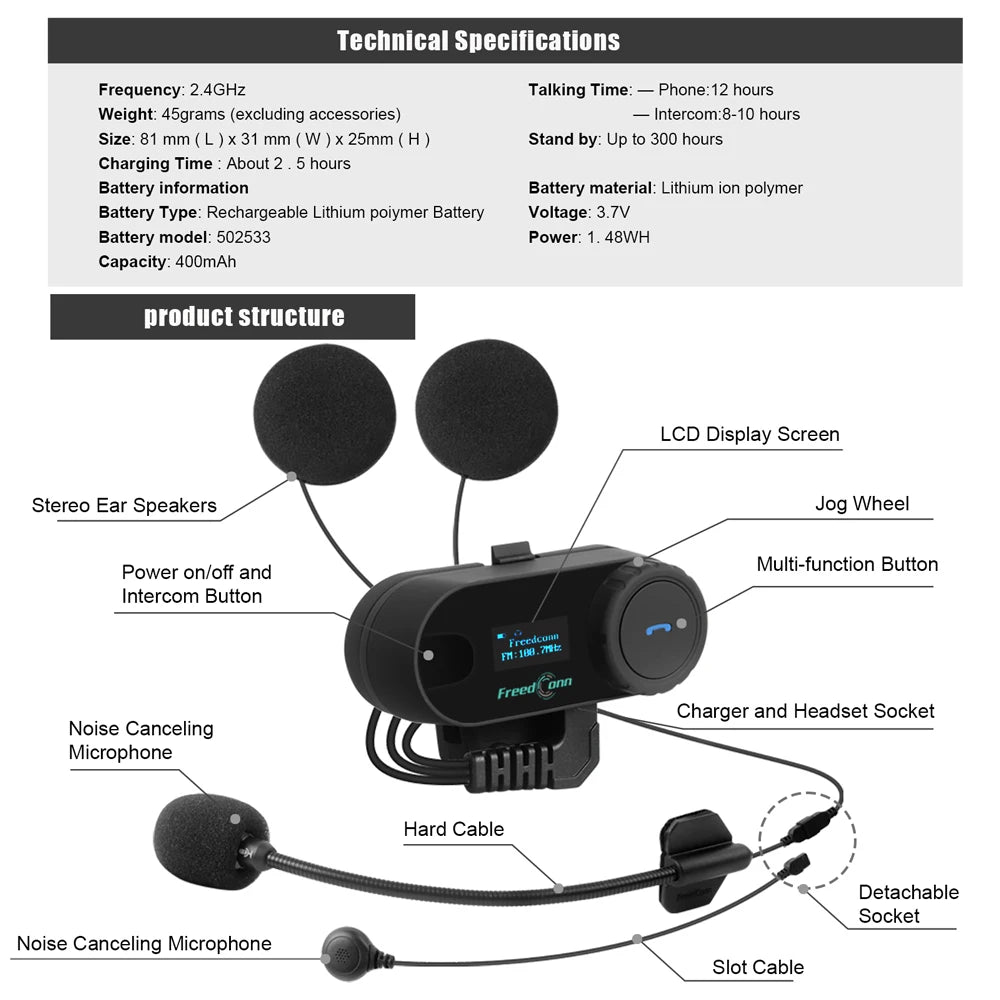 Bluetooth Motorcycle Intercom Helmet Headset with FM