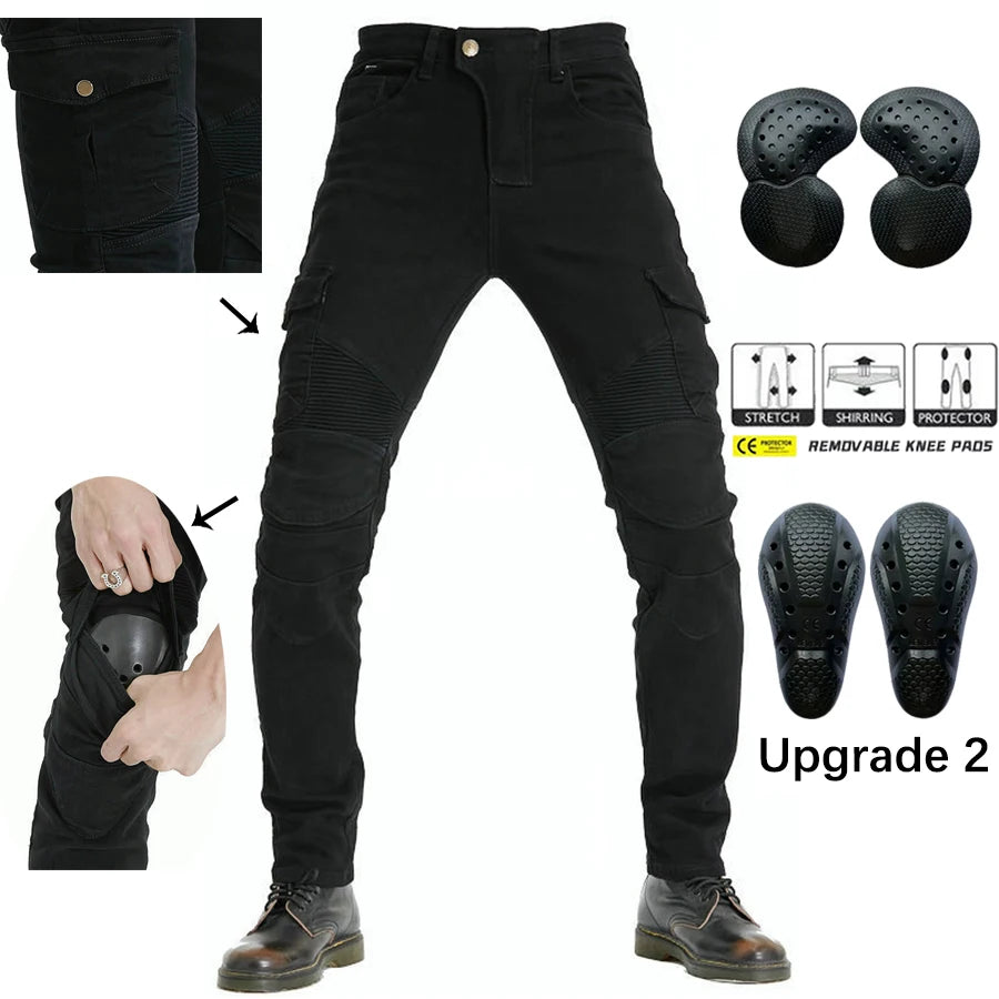 Stylish Motorcycle Black Men Jeans with Extension Protector