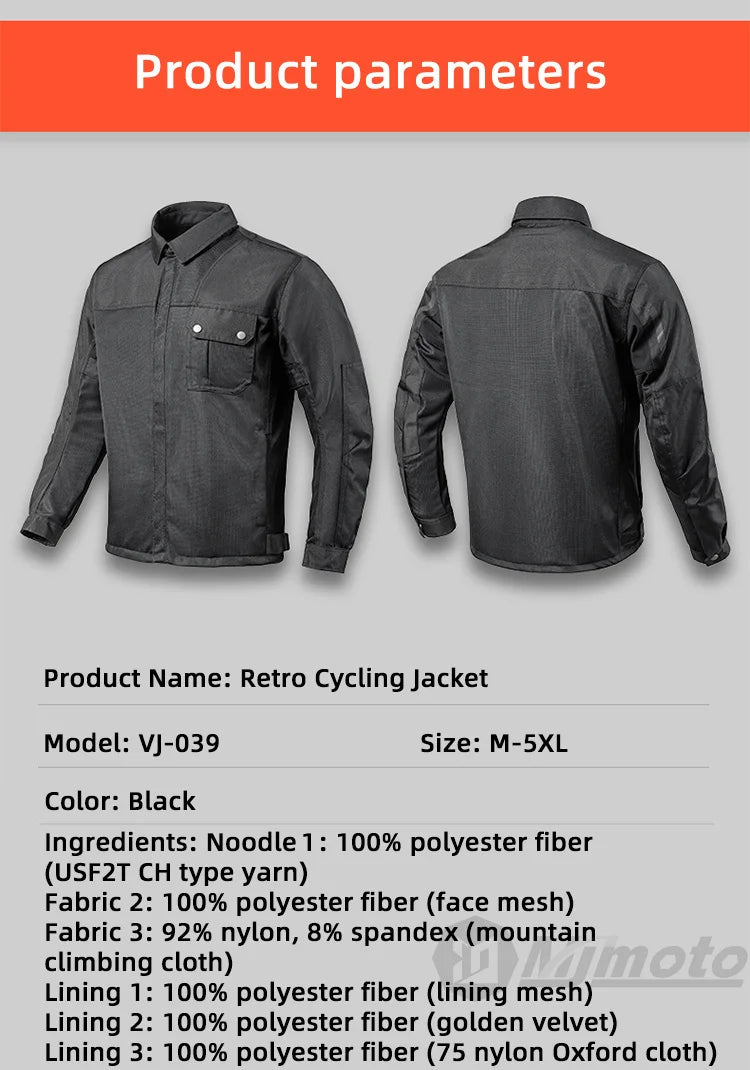 VEMAR Men Motorcycle Jacket - Retro Black Summer Mesh Jacket with CE Armor