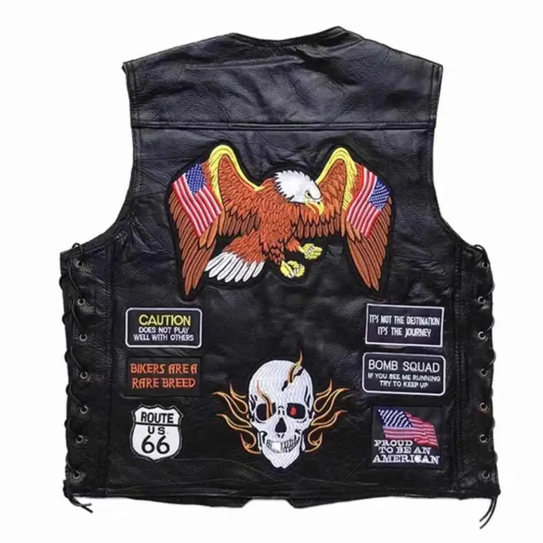 Motorbike Embroidered Motorcycle Leather Vest Men's Biker Waistcoat