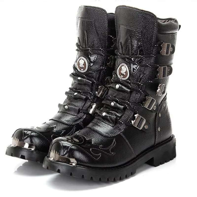 Men's Fashion Motorcycle Boots with Steel Toe - Black PU Leather
