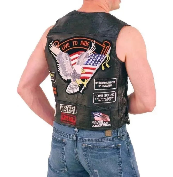 Motorbike Embroidered Motorcycle Leather Vest Men's Biker Waistcoat