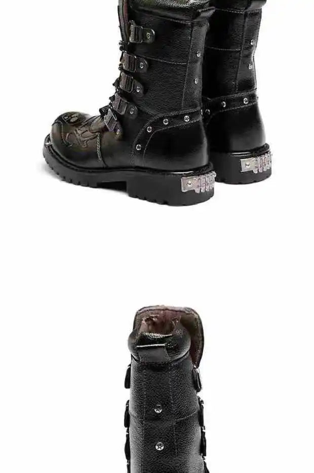 Men's Fashion Motorcycle Boots with Steel Toe - Black PU Leather