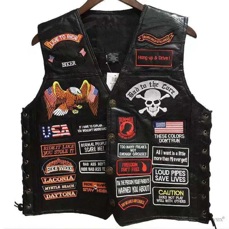 Motorbike Embroidered Motorcycle Leather Vest Men's Biker Waistcoat