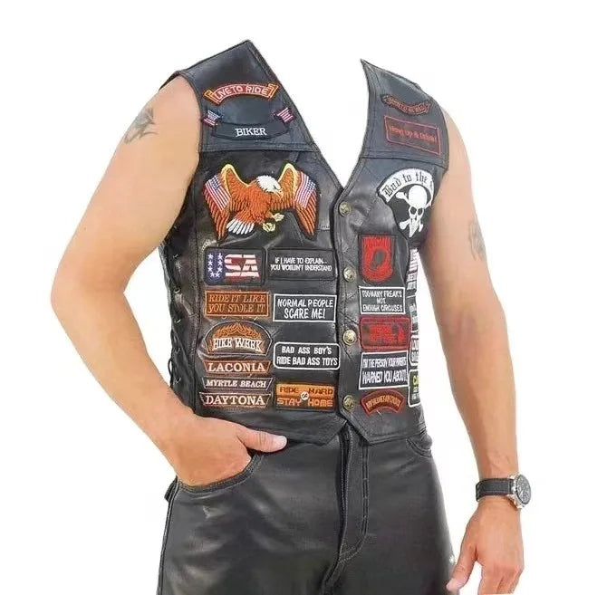 Motorbike Embroidered Motorcycle Leather Vest Men's Biker Waistcoat