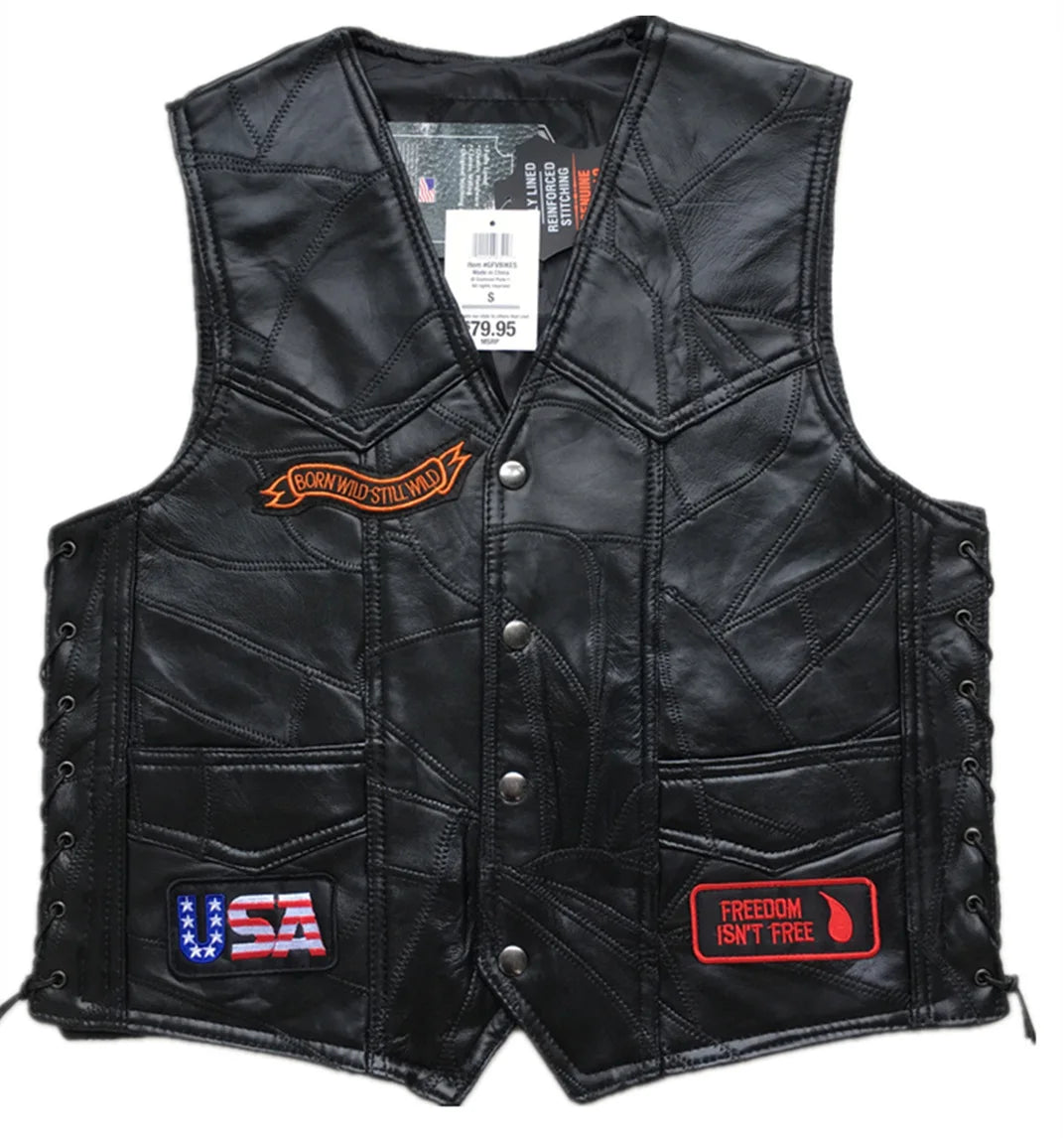 Motorbike Embroidered Motorcycle Leather Vest Men's Biker Waistcoat