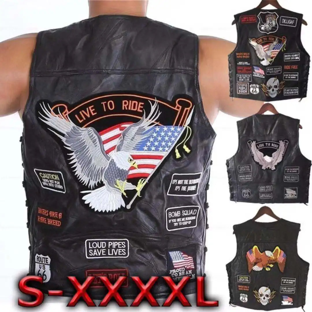 Motorbike Embroidered Motorcycle Leather Vest Men's Biker Waistcoat