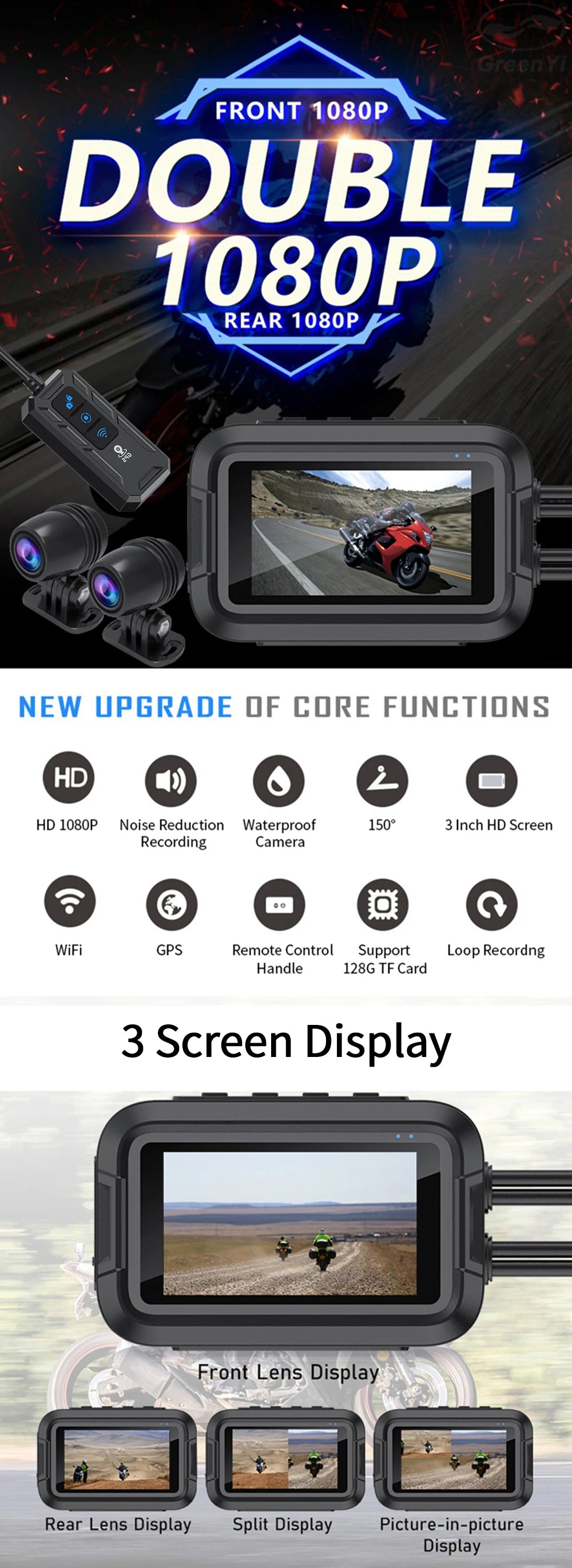 Dual 1080P Waterproof Motorcycle DVR Camera