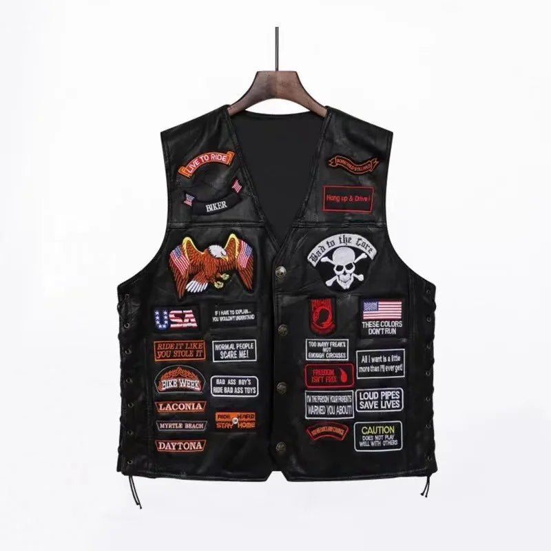 Motorbike Embroidered Motorcycle Leather Vest Men's Biker Waistcoat