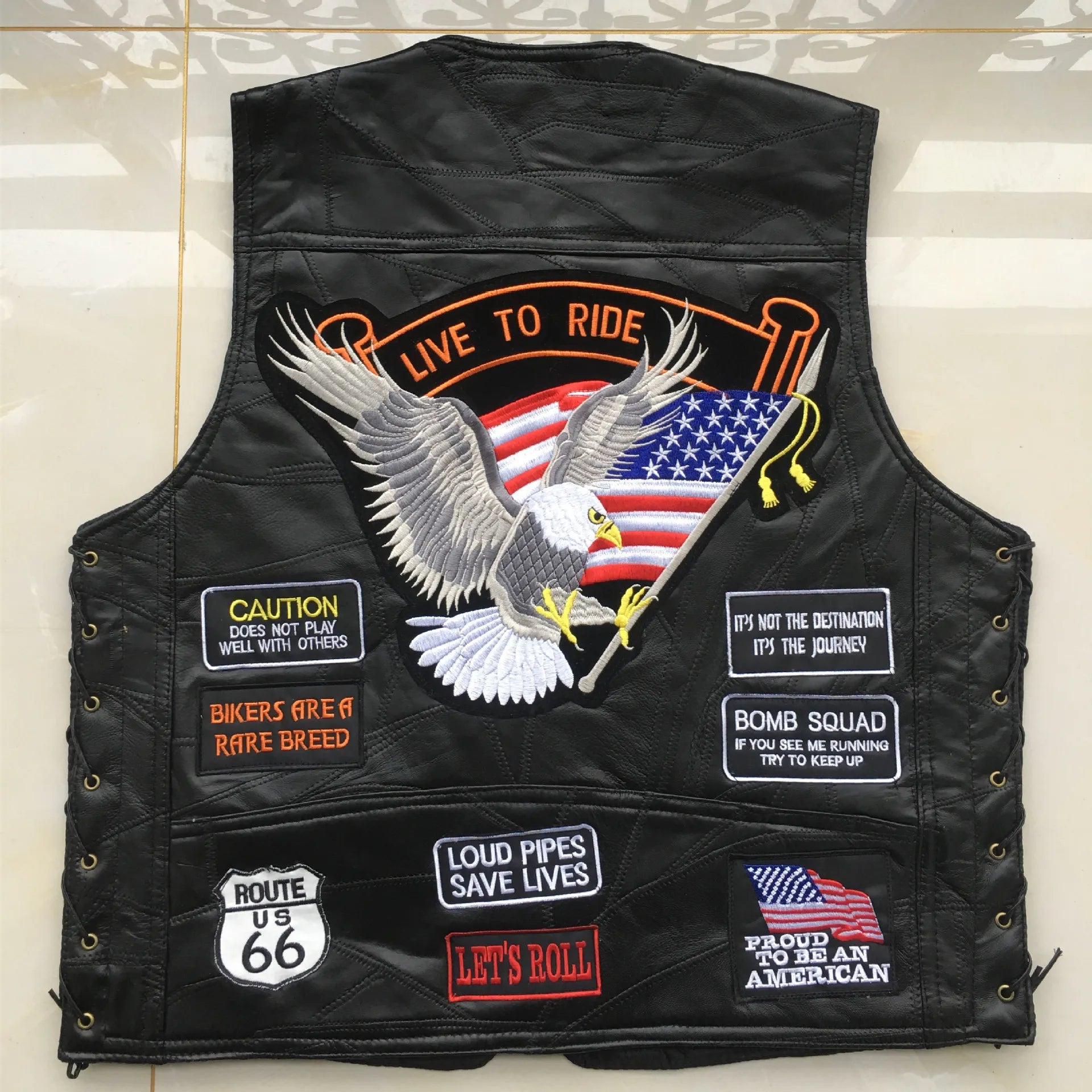 Motorbike Embroidered Motorcycle Leather Vest Men's Biker Waistcoat
