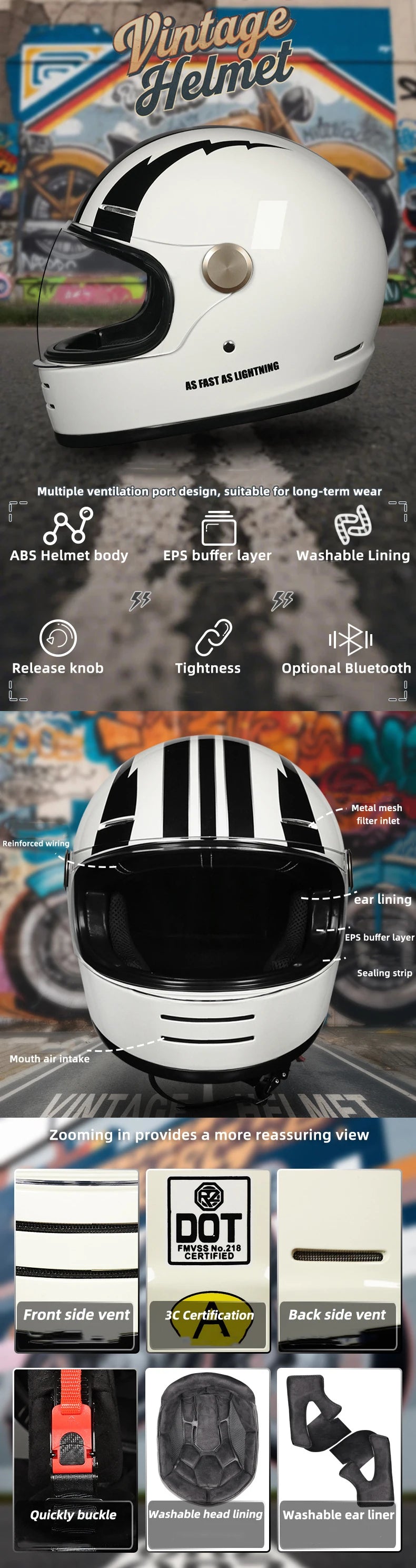 Retro Leather Full Face Motorcycle Helmet with Clear Lens