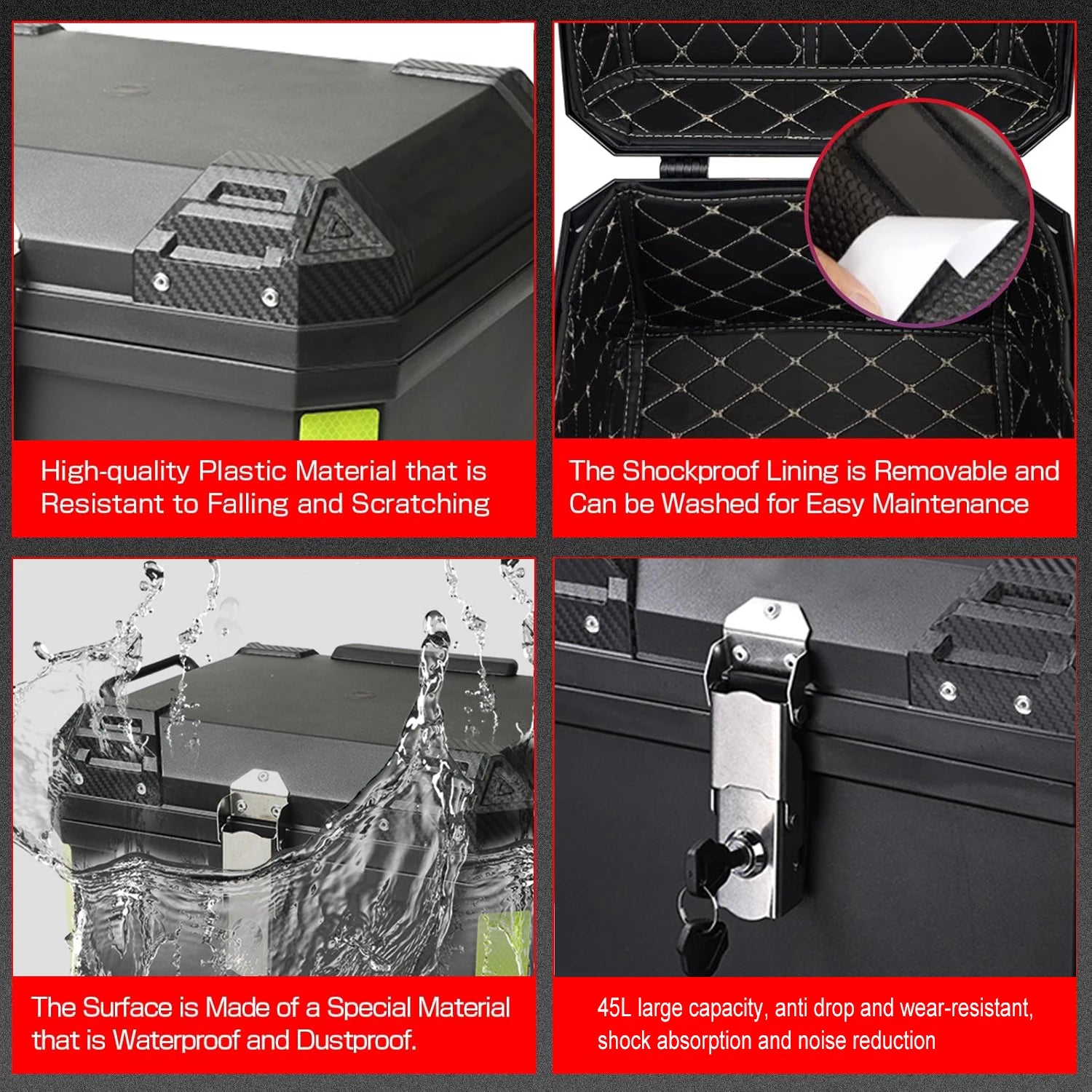 Black 45L Motorcycle Top Case Tail Box
