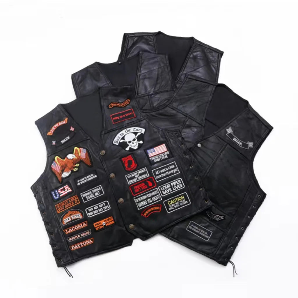 Motorbike Embroidered Motorcycle Leather Vest Men's Biker Waistcoat