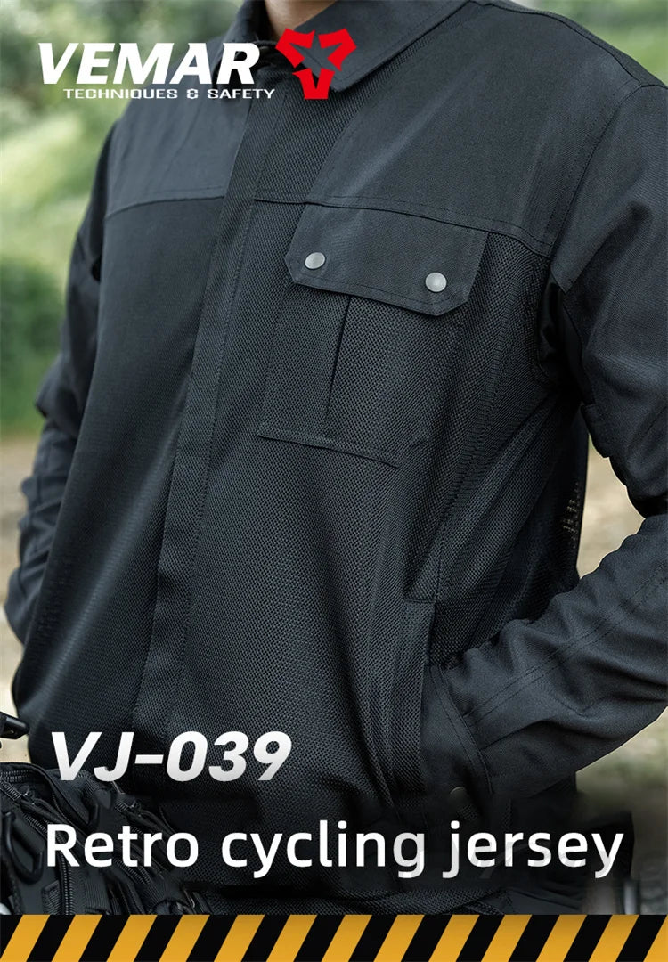 VEMAR Men Motorcycle Jacket - Retro Black Summer Mesh Jacket with CE Armor