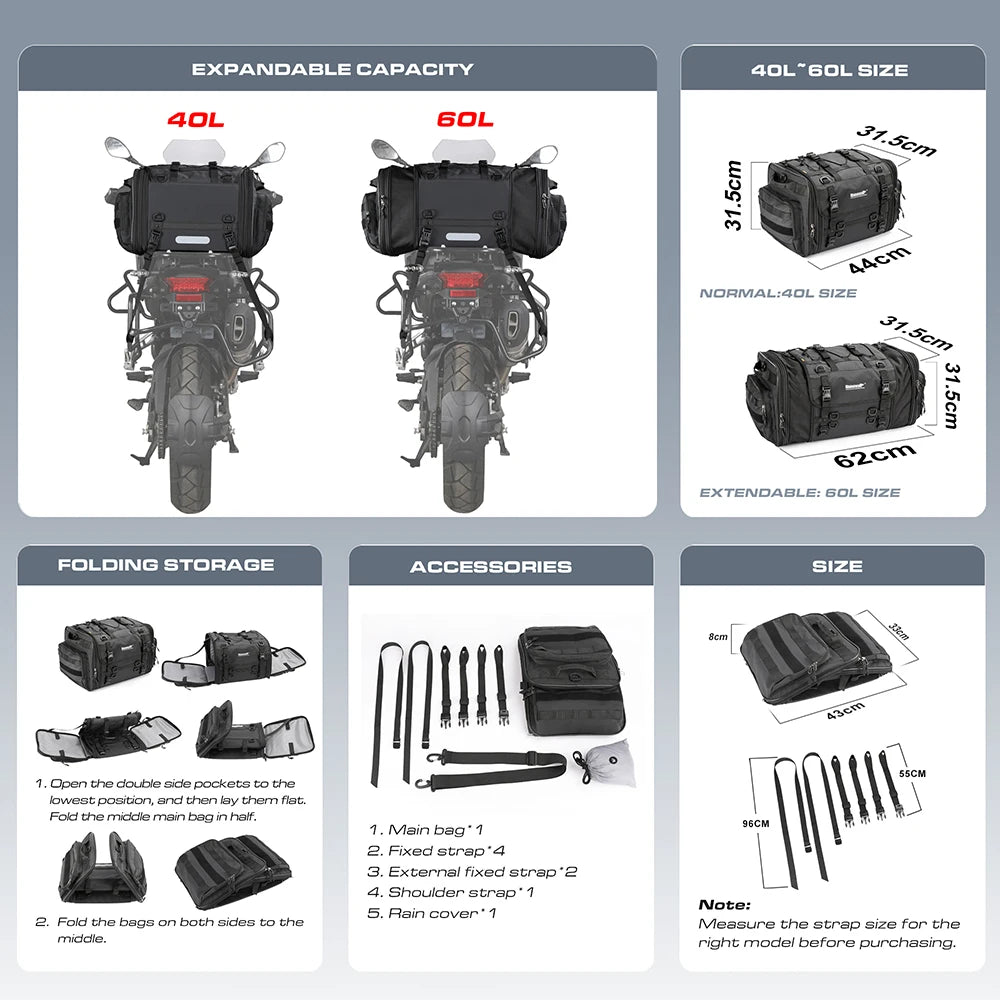 Waterproof Motorcycle Rear Seat Bag 35L-60L Luggage