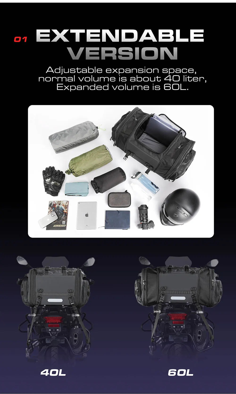 Waterproof Motorcycle Rear Seat Bag 35L-60L Luggage