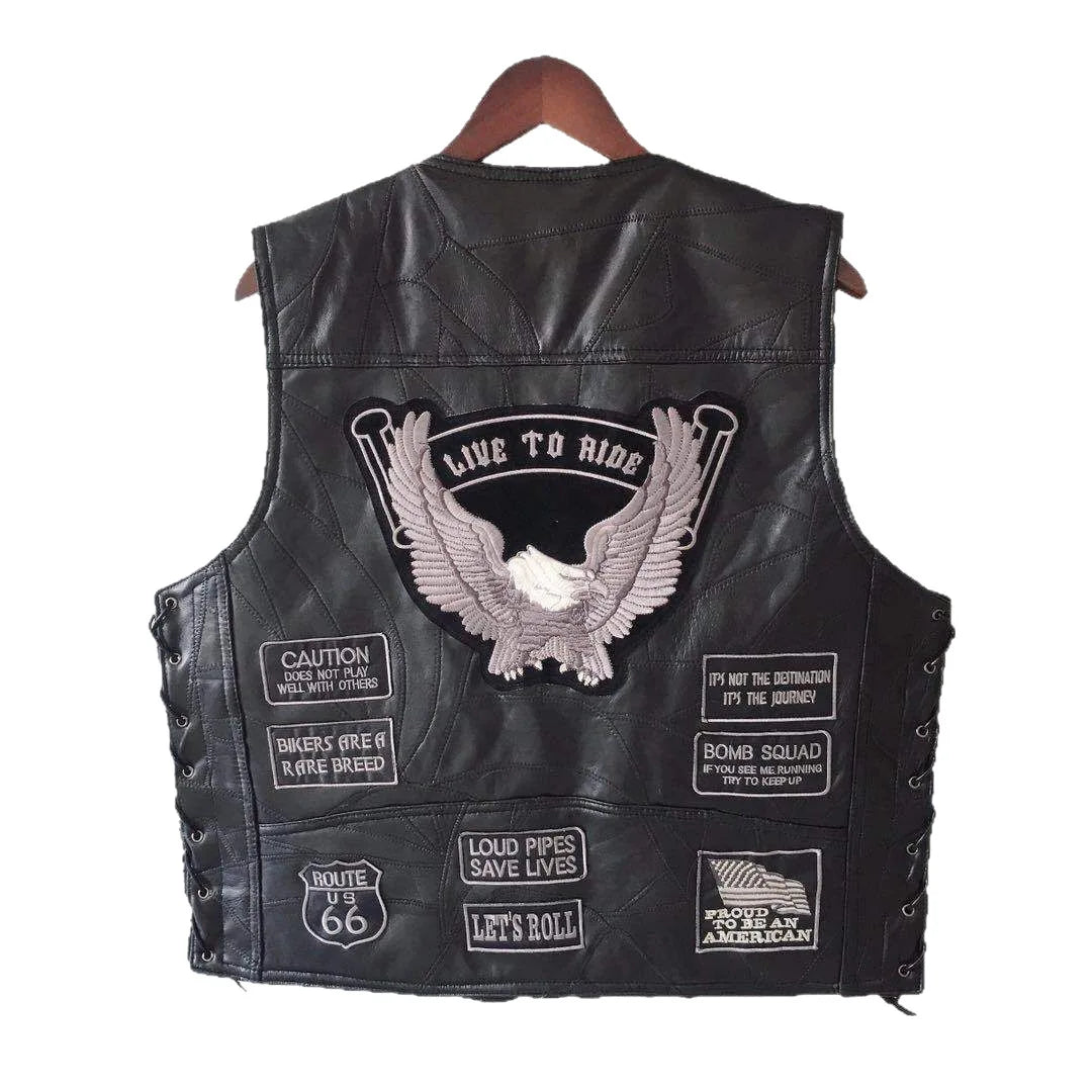 Motorbike Embroidered Motorcycle Leather Vest Men's Biker Waistcoat