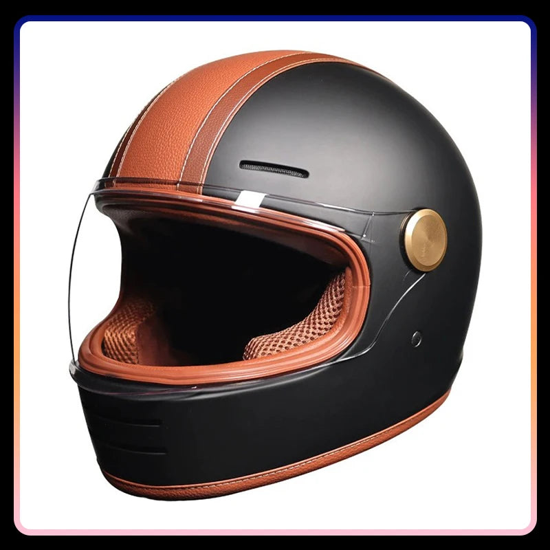 Retro Leather Full Face Motorcycle Helmet with Clear Lens