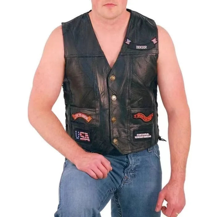 Motorbike Embroidered Motorcycle Leather Vest Men's Biker Waistcoat