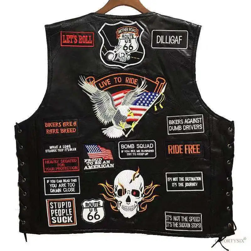 Motorbike Embroidered Motorcycle Leather Vest Men's Biker Waistcoat