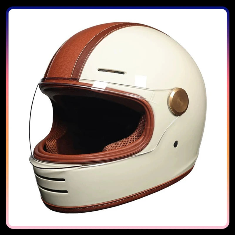 Retro Leather Full Face Motorcycle Helmet with Clear Lens