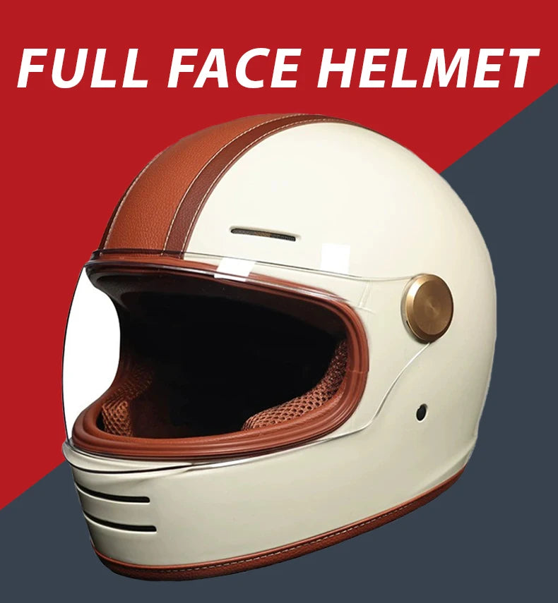 Retro Leather Full Face Motorcycle Helmet with Clear Lens